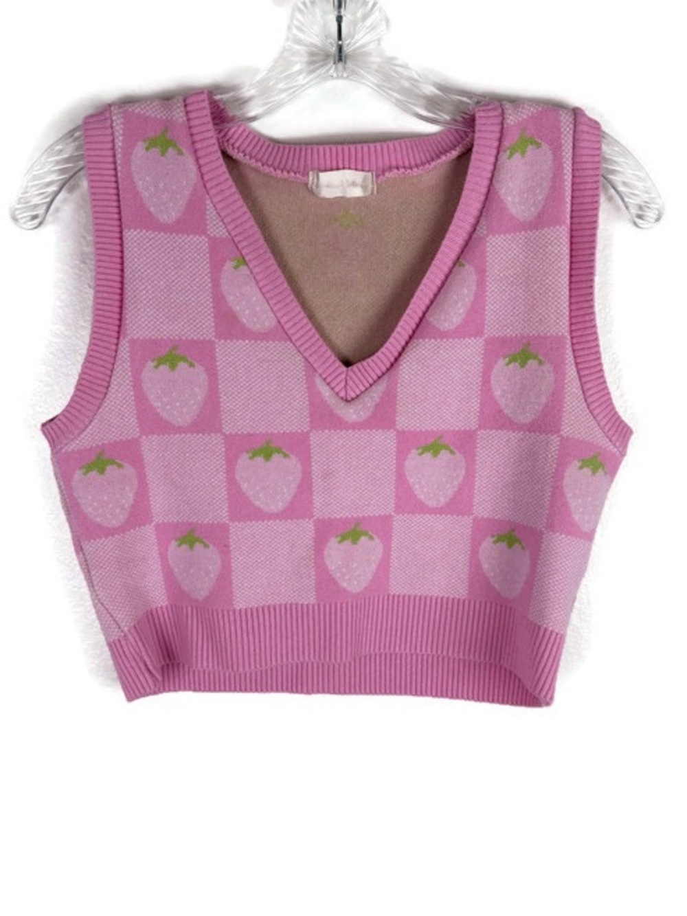 Altar’d State Strawberry Print V-Neck Ribbed Crop Sweater in Checkered Pink